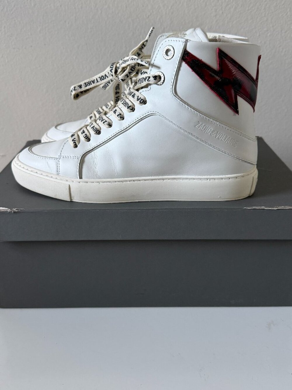 Zadig & Voltaire Power High Top Sneakers White Leather Red Lightning Bolt US 7.5